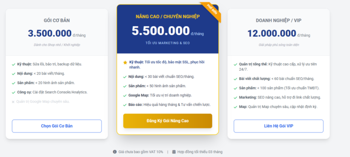 Bảng giá dịch vụ quản trị Website